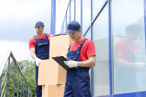 House removalists preparing a move in a Canary Wharf apartment building