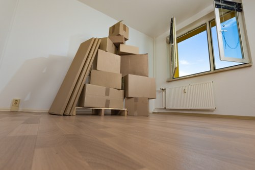 Organised home moving boxes in Canary Wharf apartment