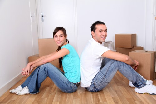 Packed office furniture and equipment ready for relocation